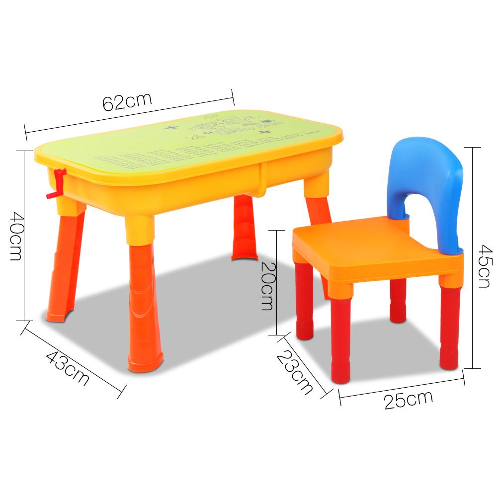 Keezi Kids Table & Chair Sandpit Set featuring colorful sand and water play accessories, including a water wheel, sand moulds, and a chair.